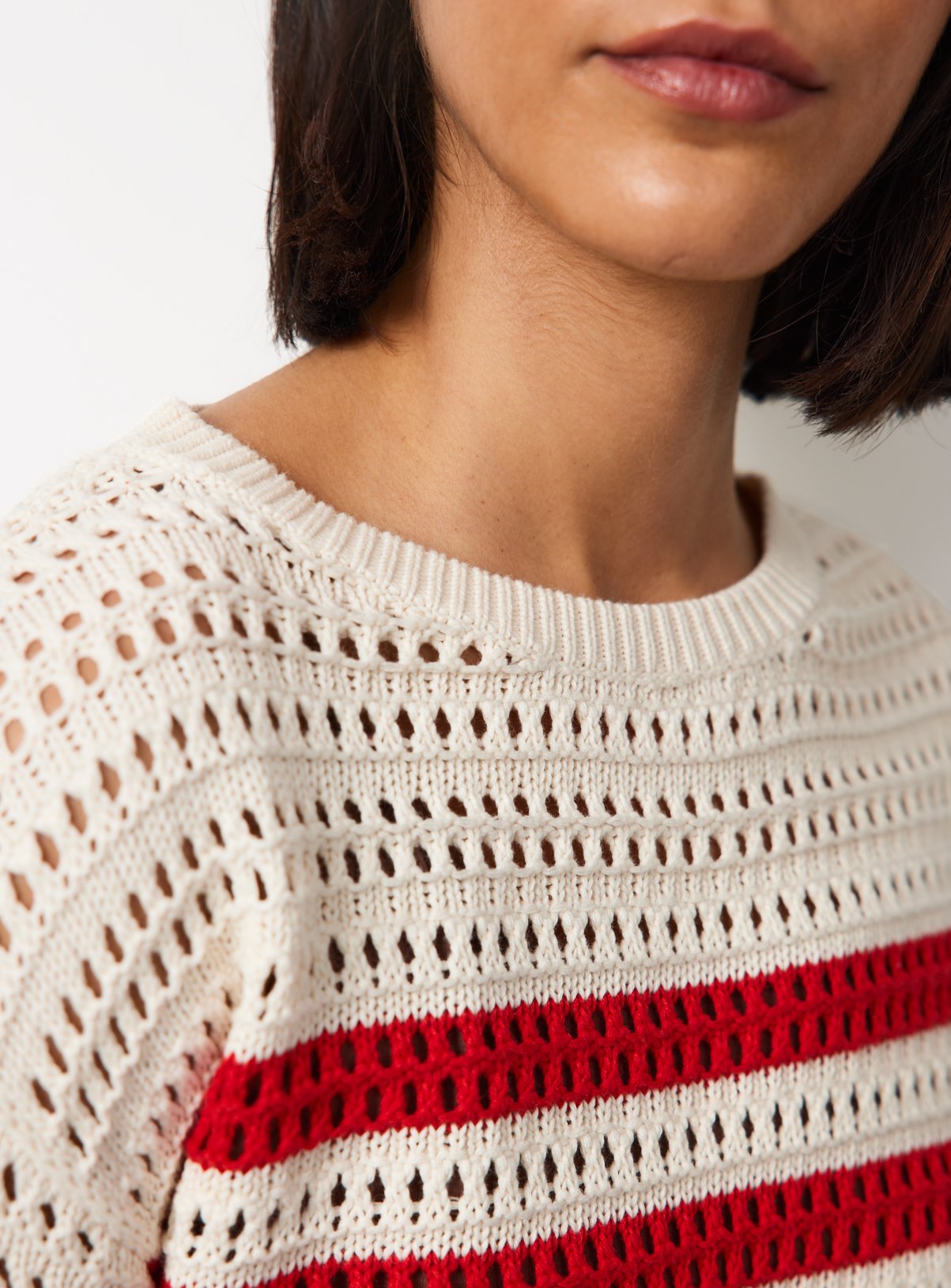 Red & White Stripe Airtex Cotton Crochet Knit Jumper L - Image 3 thumbnail